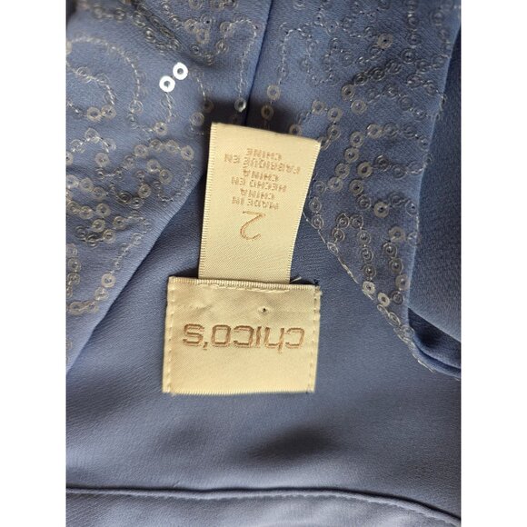 Chicos Periwinkle Blue Pleated Back Blouse Tenni Sequin Trim Size 2 L - Picture 5 of 7
